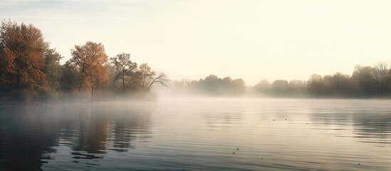 Fototapeta premium Across the serene river, a thick fog envelopes the tranquil scene. with copy space image. Place for adding text or design