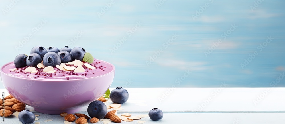 Aufkleber Fresh fruit and nuts in a purple bowl, accompanied by vibrant blueberries, placed on a clean white table. with copy space image. Place for adding text or design