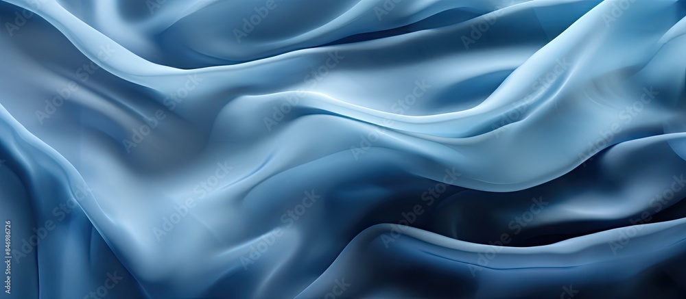 Poster close-up of a vibrant denim silk chiffon fabric featuring a striking large wave pattern, perfect for