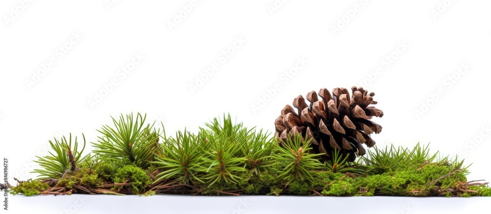 Aufkleber Pinecone photographed in detail resting on green moss. with copy space image. Place for adding text or design