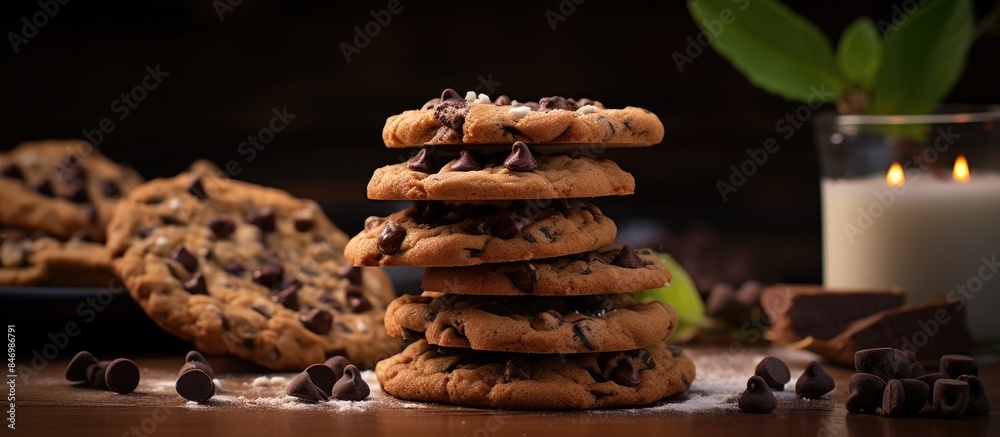Fototapete stacked delicious chocolate chip cookies displayed next to a refreshing glass of milk. with copy spa