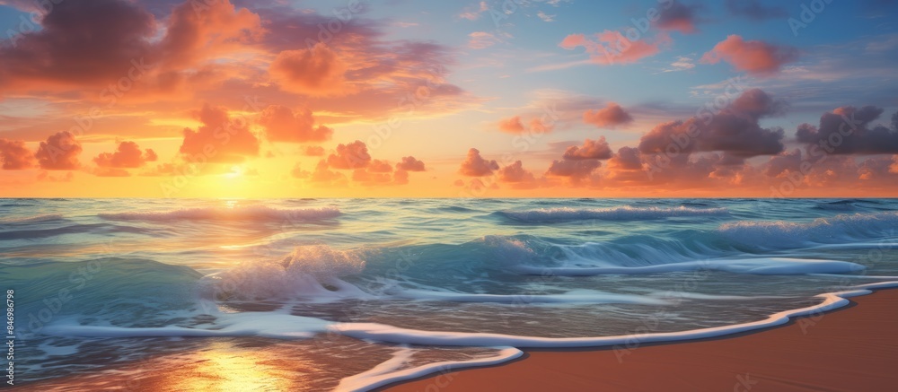 Aufkleber capturing the serene beauty of a golden sunset over gentle ocean waves on a peaceful beach. with cop