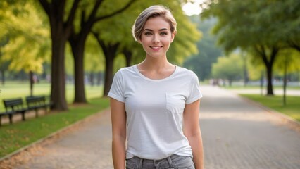 Young woman with short hair wearing white t-shirt and grey jeans standing in the park