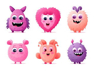 Set of cute pink heart cartoon monsters illustration