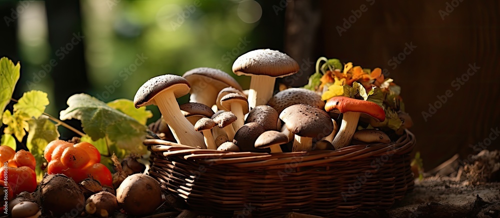 Poster Assorted mushrooms displayed in a basket on the ground, showcasing a variety of fungi. with copy space image. Place for adding text or design
