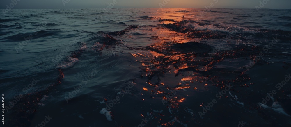 Aufkleber Sun setting on the horizon, casting golden light over the gently rolling waves of the ocean, creating a serene and peaceful scene. with copy space image. Place for adding text or design