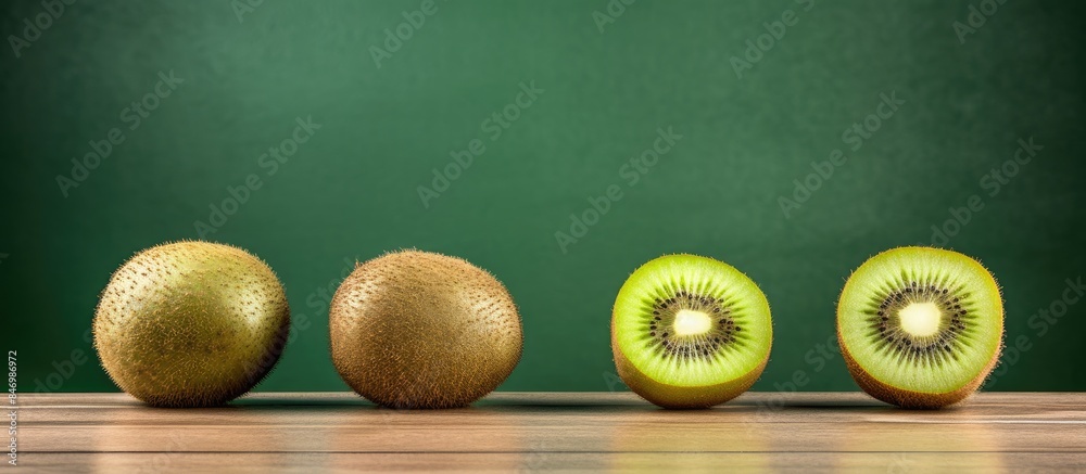 Poster Three different varieties of ripe kiwi fruit arranged neatly on a tabletop, with a vibrant green background providing contrast. with copy space image. Place for adding text or design