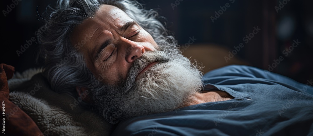 Poster A close-up of a bearded man peacefully sleeping in bed with a serene expression. with copy space image. Place for adding text or design