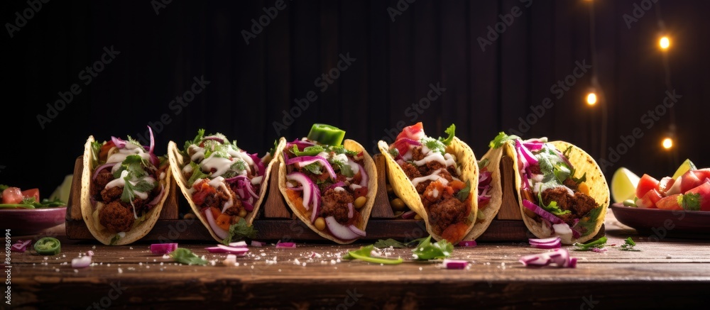 Fototapete Tasty tacos beautifully presented with a side of salsa on a rustic wooden table. with copy space image. Place for adding text or design