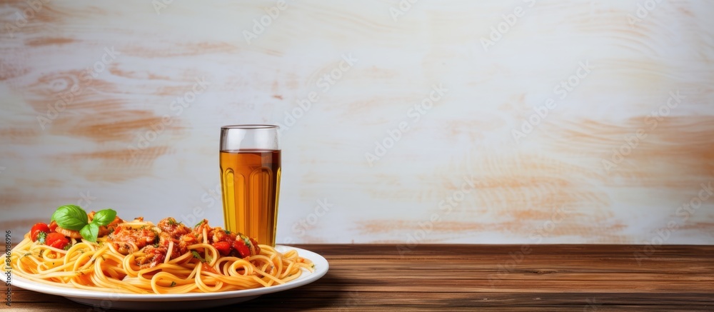 Poster Spaghetti served on a white plate against a wooden background with a glass of soda on the side. with copy space image. Place for adding text or design