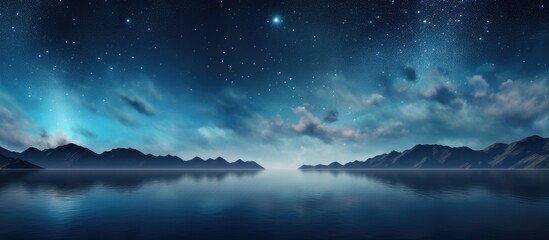 Scenic view of a serene lake surrounded by towering mountains under a star-studded sky. with copy space image. Place for adding text or design