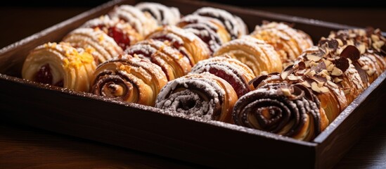 Assorted delectable pastries beautifully arranged on a serving tray, showcasing Italian baking tradition. with copy space image. Place for adding text or design