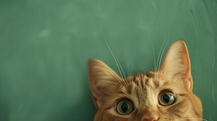 Funny pet Cute surprised cat with big eyes on green background : Generative AI