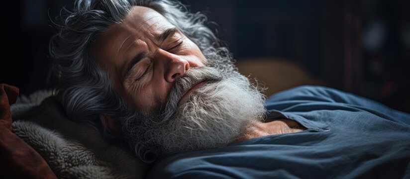 A close-up of a bearded man peacefully sleeping in bed with a serene expression. with copy space image. Place for adding text or design