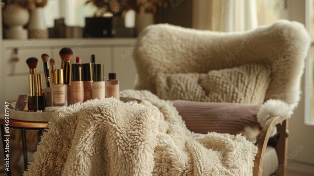 Poster a close-up shot of a table with a collection of makeup brushes and bottles of foundation, arranged i