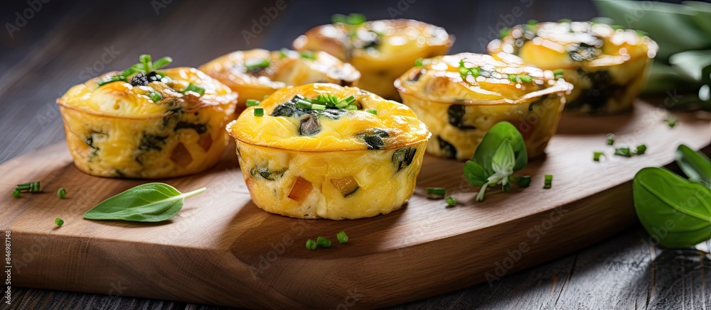 Leinwandbilder wooden cutting board close-up with mini quiche cups, perfect for on-the-go mini egg frittatas. with 