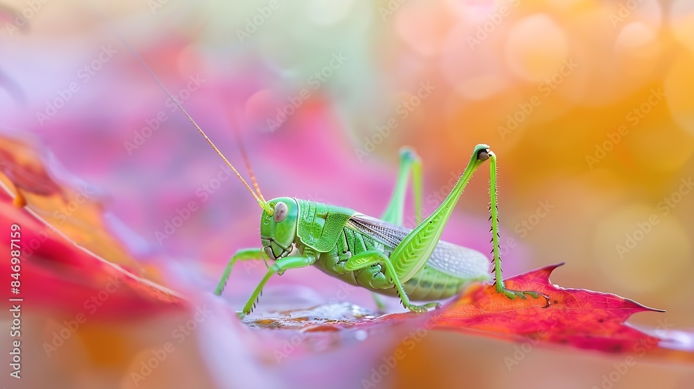 Poster a green grasshopper sitting on autumn coloured leaf grasshopper in nature : generative ai