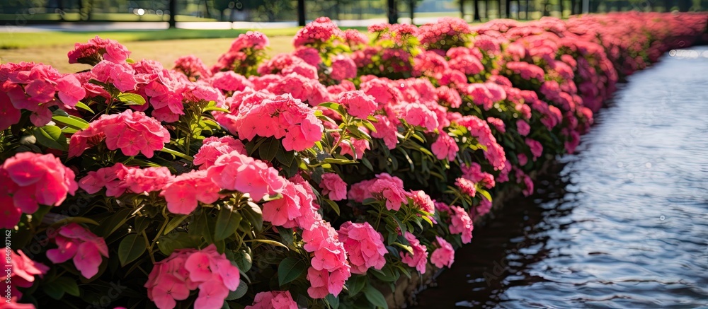 Leinwandbilder vibrant pink primroses blossoming along a fence by the river, creating a colorful and serene view. w
