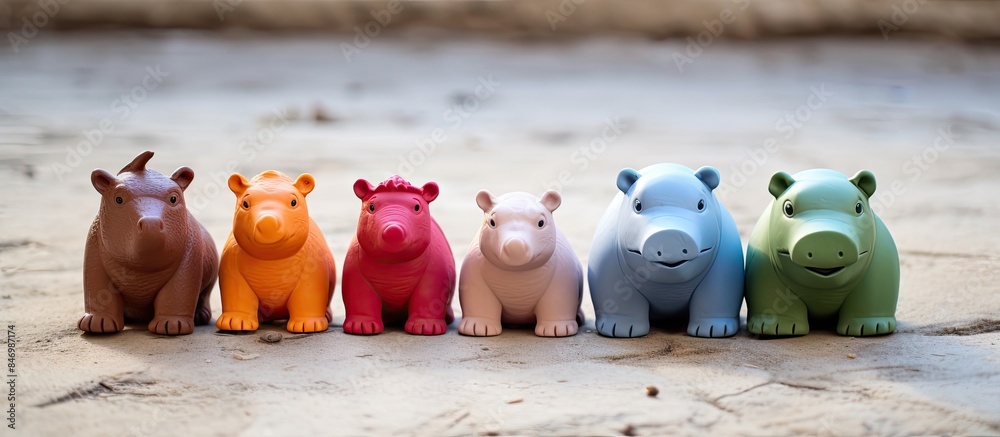 Poster collection of colorful plastic animal toys arranged in a row for display, featuring hippo, rhino, an