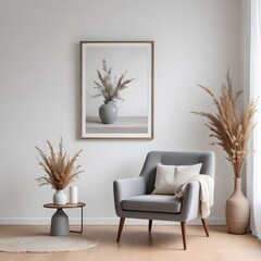 Mockup poster frames on the wall of the dining room. Modern Interior mockup. Apartment background. Modern Japandi interior design. 3D render