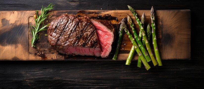 Close-up of juicy steak and green asparagus on a wooden cutting board. with copy space image. Place for adding text or design