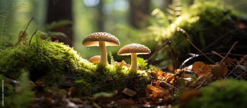 Poster Mushrooms of various shapes and sizes grow on a long piece of wood that is covered in soft green moss in the forest. with copy space image. Place for adding text or design
