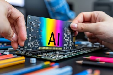AI circuit board with colorful explosion, digital art, technology innovation, artificial intelligence, high tech visuals, cyber theme, modern design