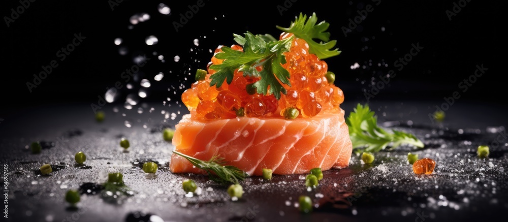 Aufkleber close-up view of a piece of salmon topped with red caviar, a gourmet salmon tartare dish. with copy 