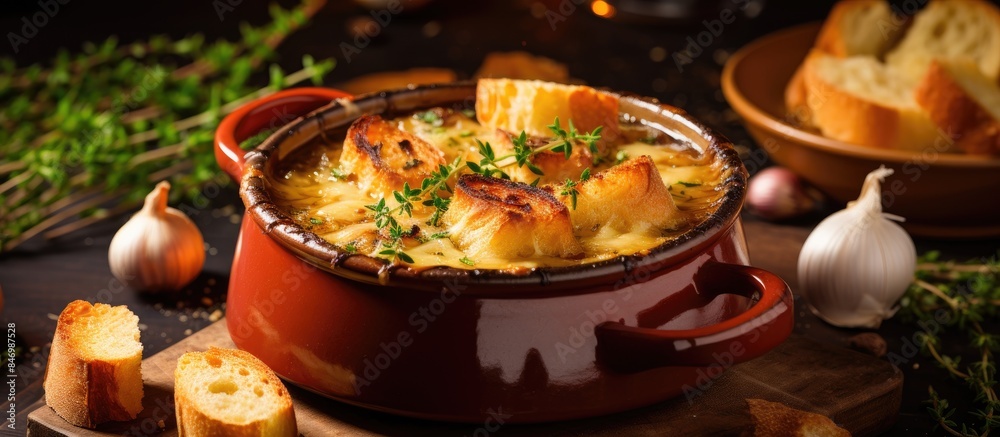Leinwandbilder hearty pot of stew accompanied by crusty bread and garlic captured in a close-up shot. with copy spa