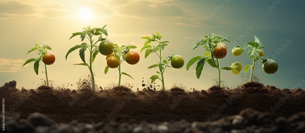 Leinwandbilder tomato seedlings being planted in open ground as part of the farming process. with copy space image.