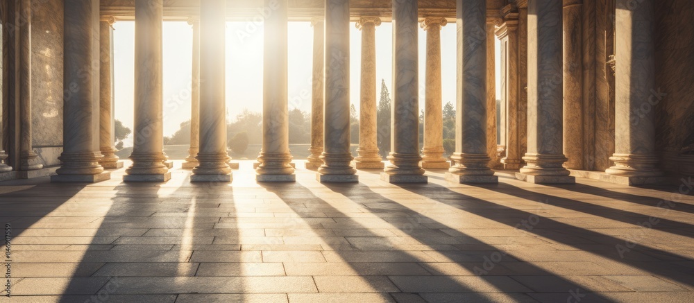 Aufkleber Sun shines through windows onto majestic building columns, creating dramatic shadows on the ground. with copy space image. Place for adding text or design