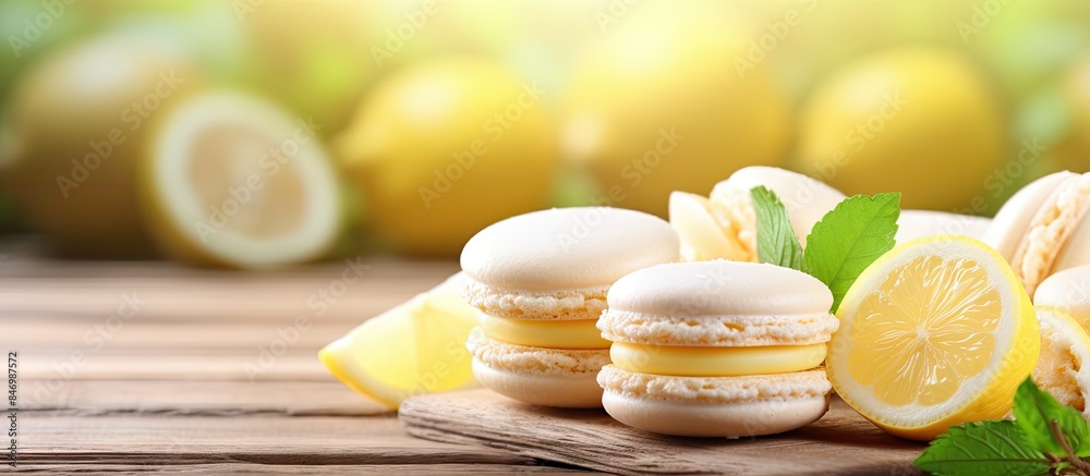 Poster lemons and colorful macarons arranged beautifully on a wooden table with a background of fresh lemon
