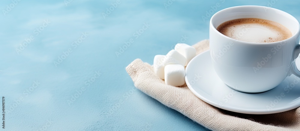Poster A cozy scene with a cup of coffee and a spoon resting on a napkin. with copy space image. Place for adding text or design