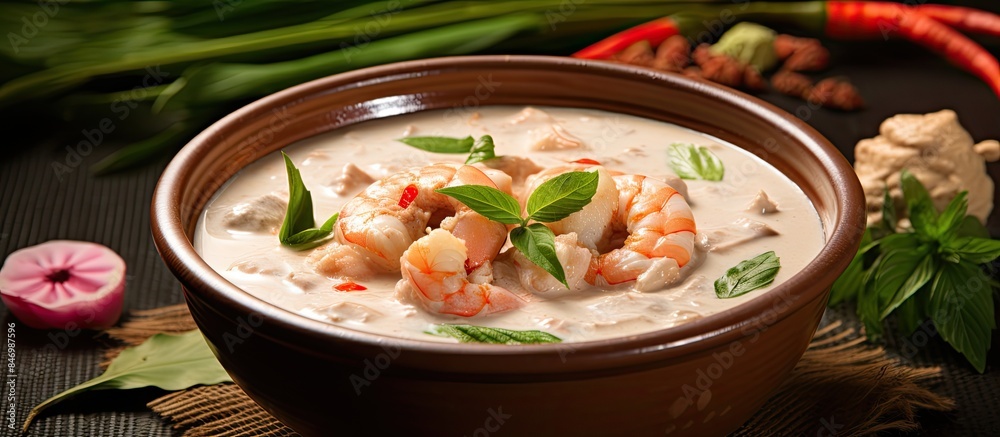 Leinwandbilder delicious bowl of soup with shrimp and vegetables sitting on a wooden table. with copy space image. 