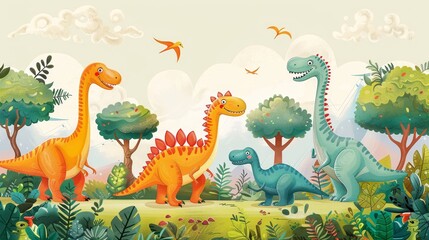 Naklejka premium dinosaur background with friendly dinosaurs and ancient trees
