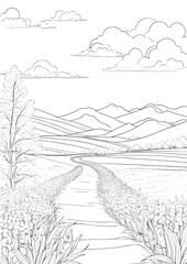 Field Day Harvest: Scenic Coloring Page of Farmland and Rolling Hills
