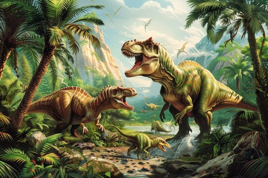 dinosaur background with dinosaurs playing in a jungle