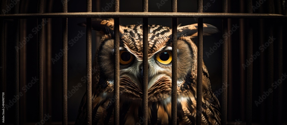 Poster an owl with wide, watchful eyes perched within a cage, observing its surroundings with curiosity. wi