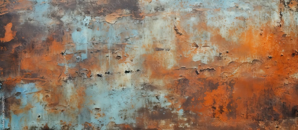 Fototapete Rough metal texture covered in rust with remnants of paint against a background of clear blue sky. with copy space image. Place for adding text or design