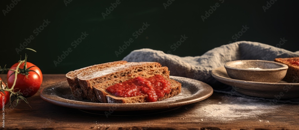 Leinwandbilder plate presents rye bread slices served with a thick tomato sauce, arranged on a table. with copy spa
