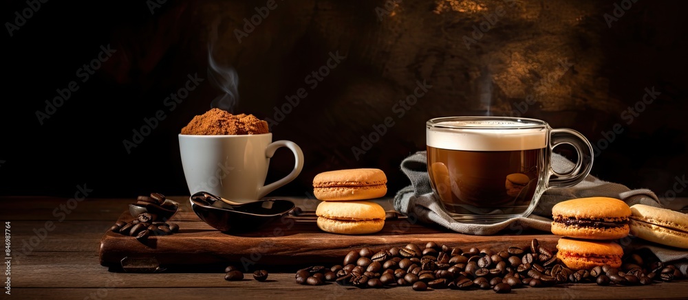 Poster coffee cups and cookies positioned on a table along with espresso, latte, cappuccino, crackers holde