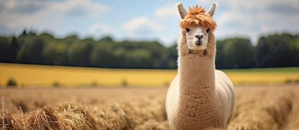 Aufkleber llama sporting vibrant red hair stands majestically in an english farm field. with copy space image.