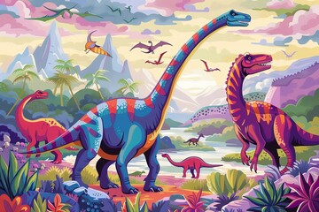 Naklejka premium dinosaur background with colorful dinosaurs and prehistoric landscape