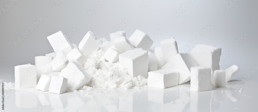 Poster Pile of sugar cubes arranged on a plain white surface, creating a neat and organized stack of sweet crystals. with copy space image. Place for adding text or design