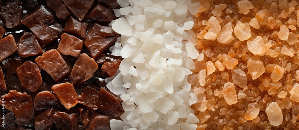 Poster Various hues of granulated sugars seen up close, showcasing a range of vibrant colors and textures. with copy space image. Place for adding text or design