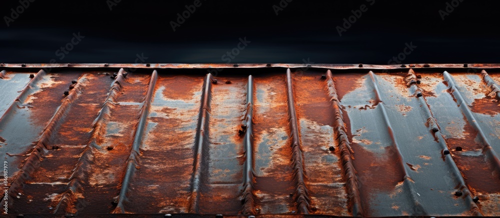 Aufkleber Metal roof covered in rust with dark, ominous sky in the background. with copy space image. Place for adding text or design