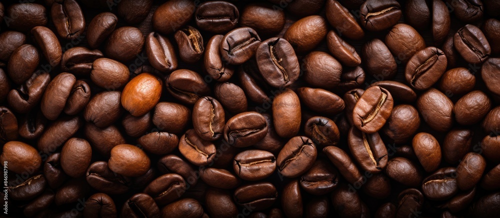 Poster Macro background of roasted coffee beans highlighting their rich texture and aroma. with copy space image. Place for adding text or design