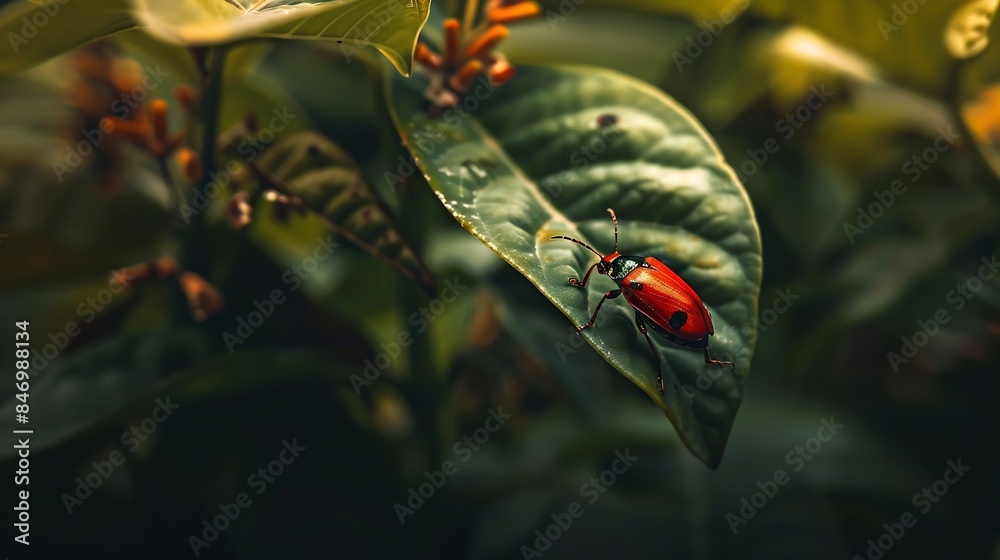 Poster natural closeup on the red firebug pyrrhocoris apterus sitting on a leaf in the garden : generative 