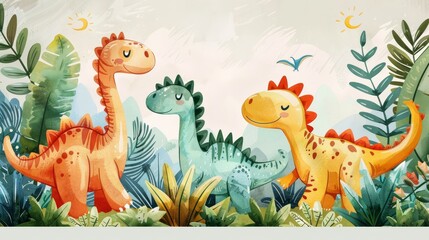 Obraz premium cute dinosaur background with baby dinosaurs and tropical plants