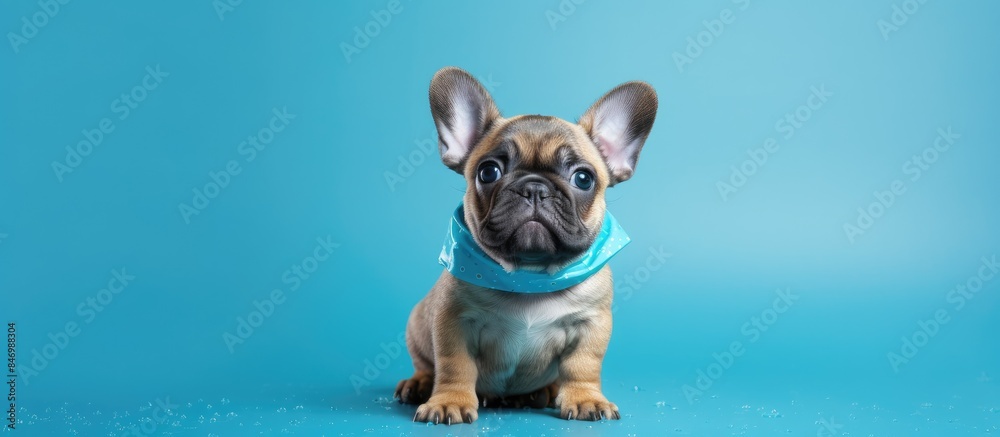 Poster adorable young french bulldog wearing a tiny umbrella and cute rain boots, against a vibrant blue ba